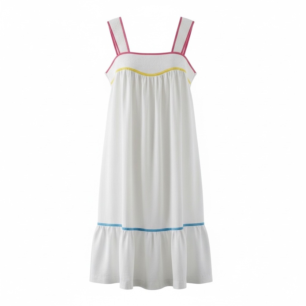 Vintage White Smocked House Dress Nightgown Pink Blue Trim Pockets USA Small - Picture 1 of 6